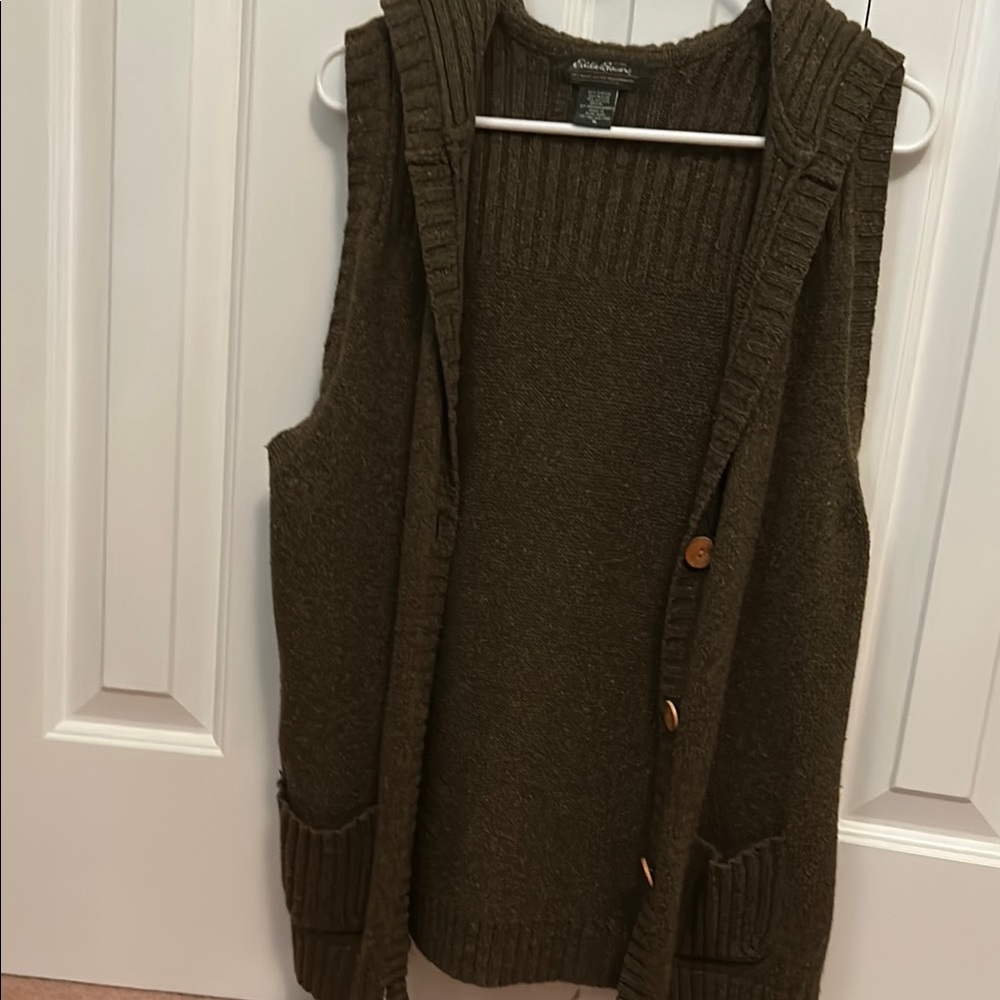 Eddie Bauer Sleeveless Brown Hooded Cardigan Sweater